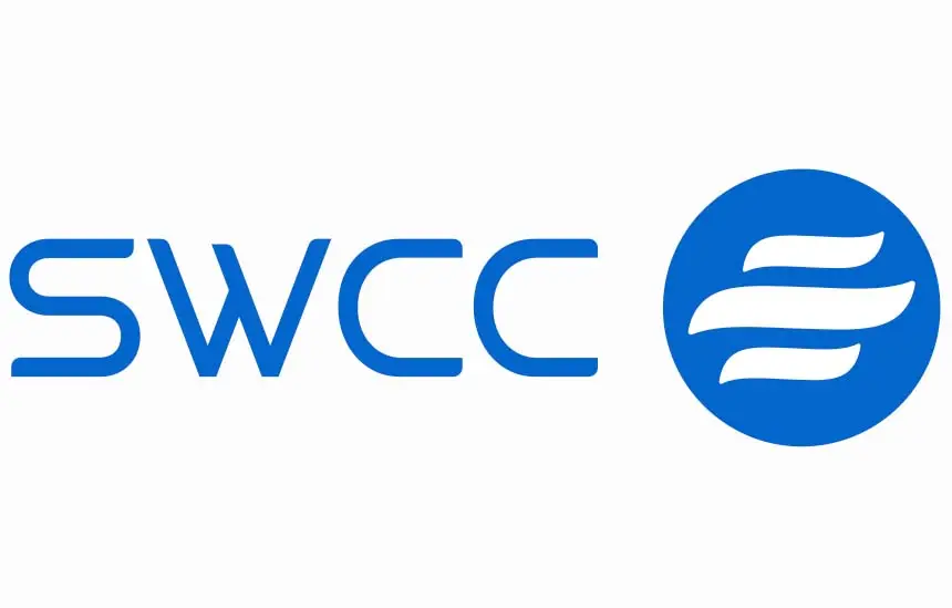 SWCC Saline Water Conversion Corporation logo with blue text and wave icon.