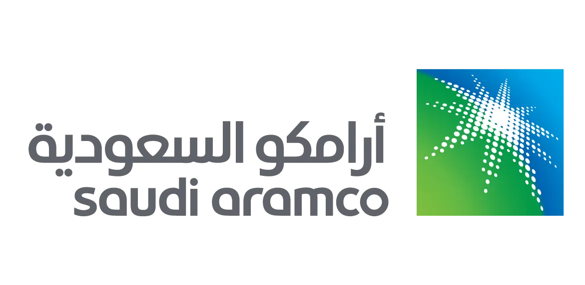 Saudi Aramco official logo with green and blue starburst emblem.