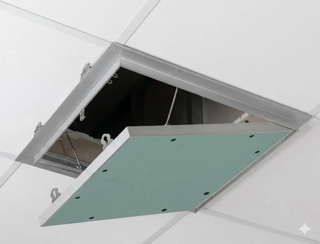 Access panels in Saudi Arabia supplied by Kayan Gulf Gypsum board ceiling access panel with aluminum frame installed in a suspended ceiling.