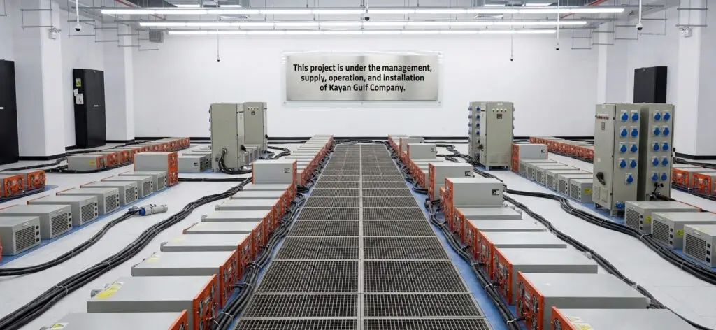 Industrial data center facility with ventilation floor grates and heavy electrical cabinets supplied and installed by Kayan Gulf Company.