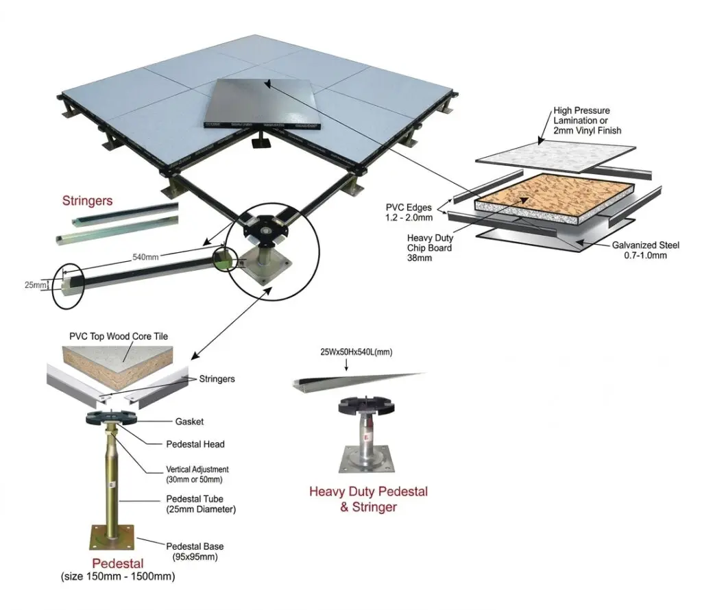 Technical diagram of a wood core raised floor system showing wood core tiles, heavy-duty pedestal bases, stringers, and steel lamination specifications.