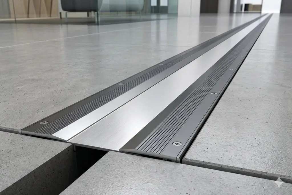 Heavy duty aluminum floor expansion joint cover profile installed on a modern concrete floor.