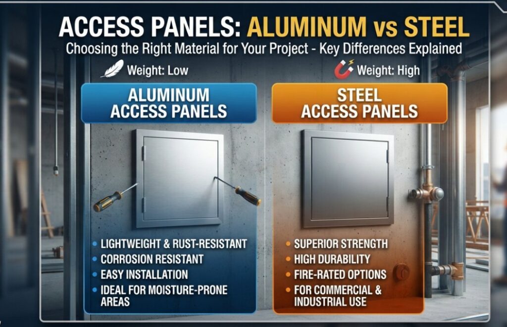 Aluminum and steel access panels comparison for construction projects in Saudi Arabia.