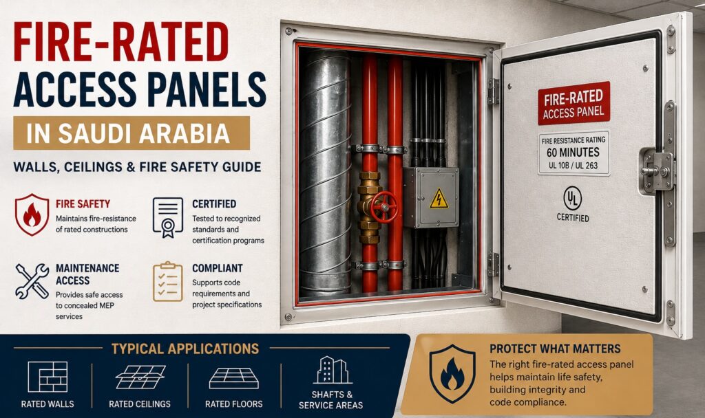 Fire-rated access panel in Saudi Arabia providing maintenance access to concealed MEP services