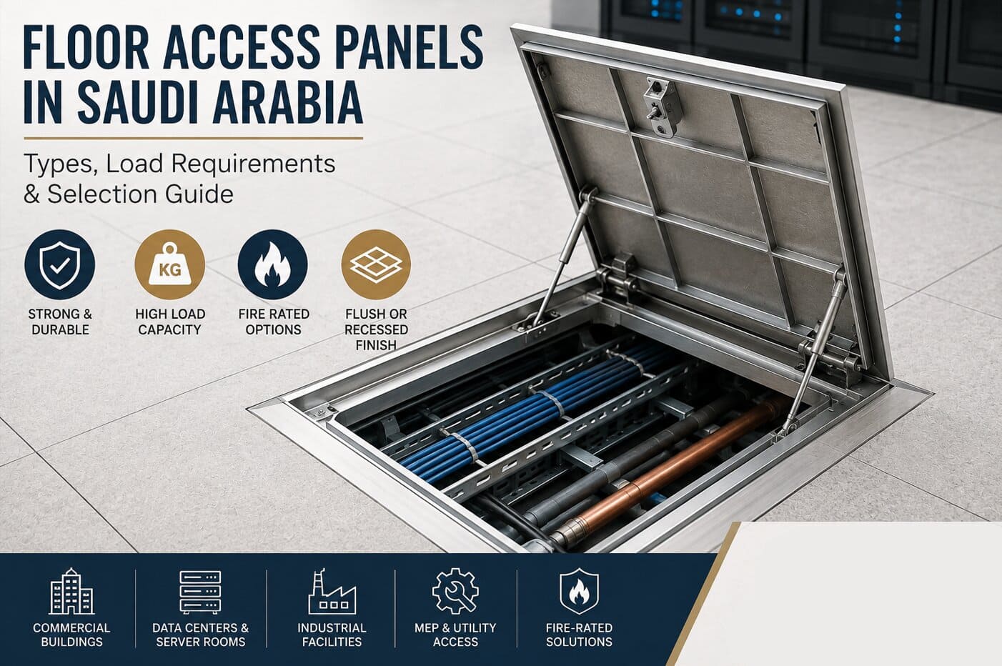 Floor access panel in Saudi Arabia showing a heavy-duty service opening with concealed MEP utilities