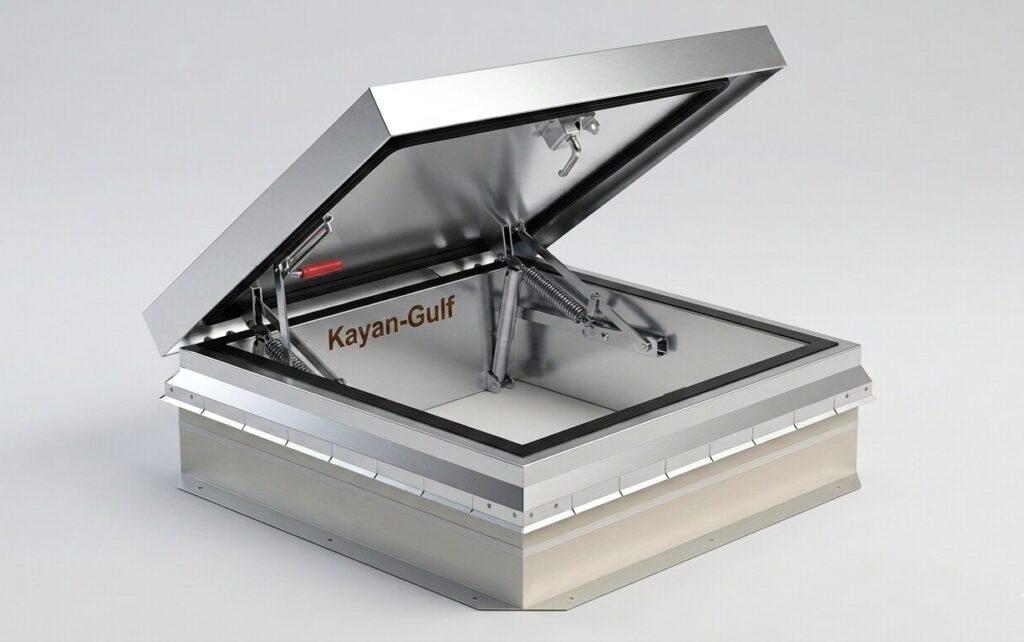 Galvanized steel rooftop hatch with open lid showing counterbalanced gas springs and rubber seal by Kayan-Gulf.