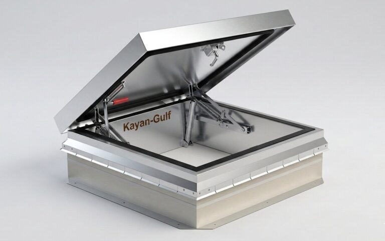 Weather-tight roof access hatch in Saudi Arabia supplied by Kayan Gulf Galvanized steel rooftop hatch with open lid showing counterbalanced gas springs and rubber seal by Kayan-Gulf.