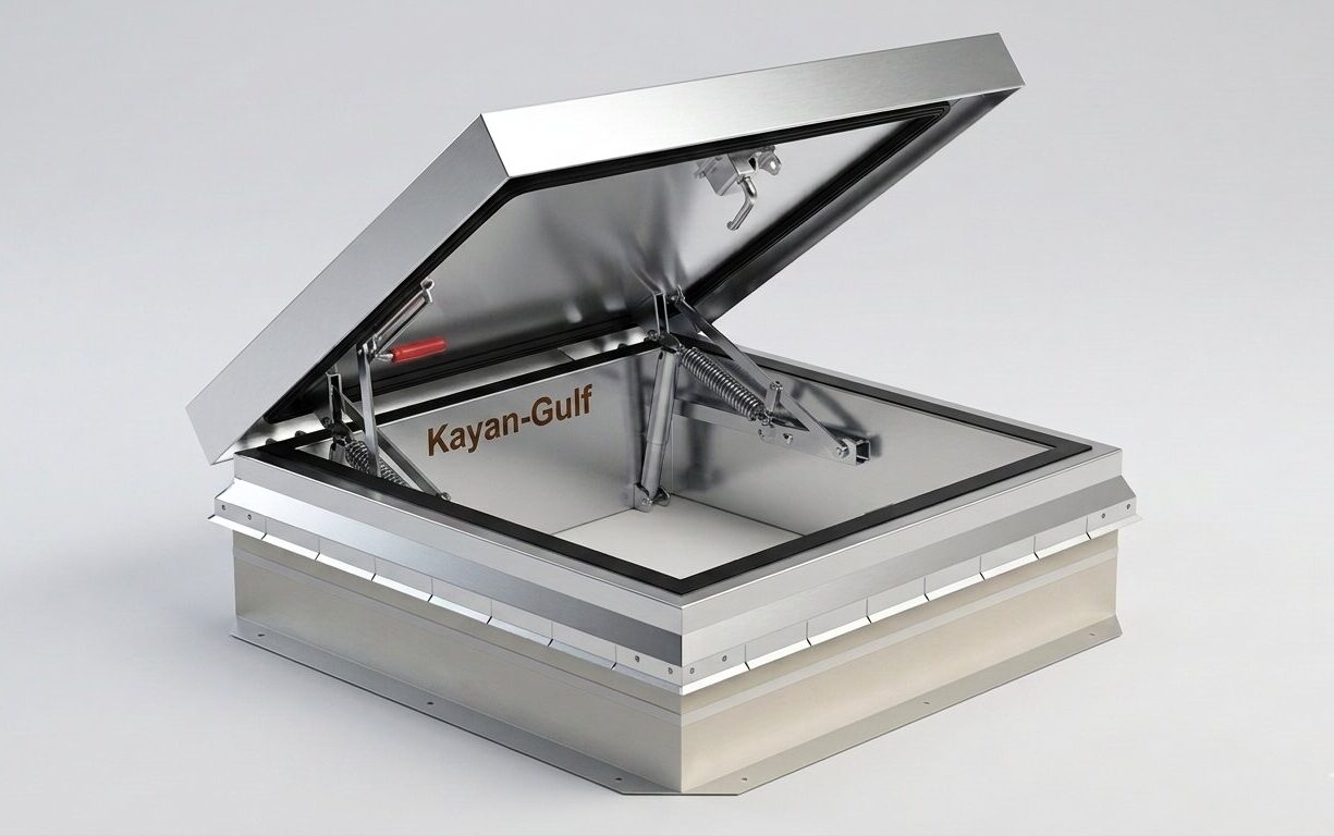 Galvanized steel rooftop hatch with open lid showing counterbalanced gas springs and rubber seal by Kayan-Gulf.
