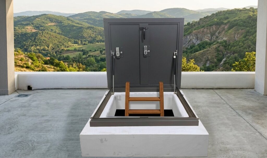 Open dark grey powder-coated roof access hatch installed on a rooftop concrete curb with interior wooden ladder entry.
