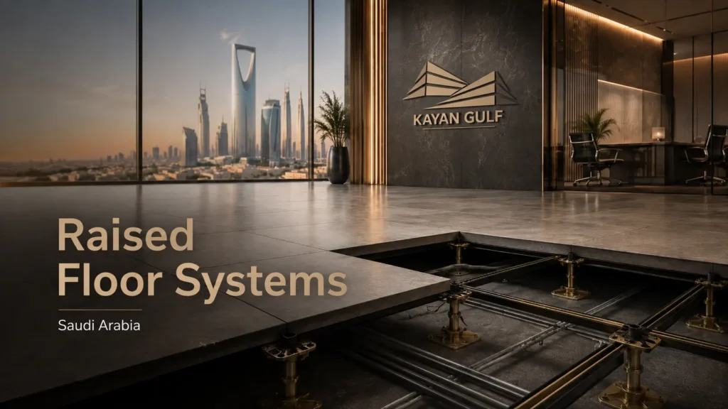 Types of raised floor systems in Saudi Arabia including steel cementitious, woodcore, calcium sulphate and airflow panels