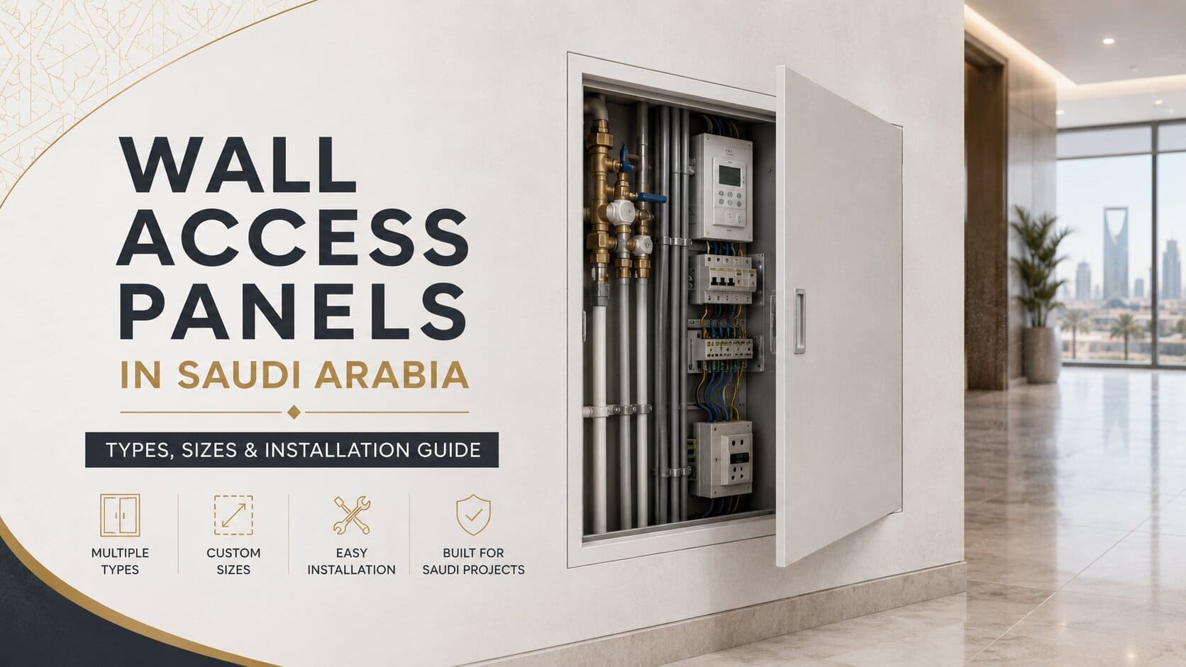 Wall access panel in Saudi Arabia showing concealed plumbing, electrical and MEP services