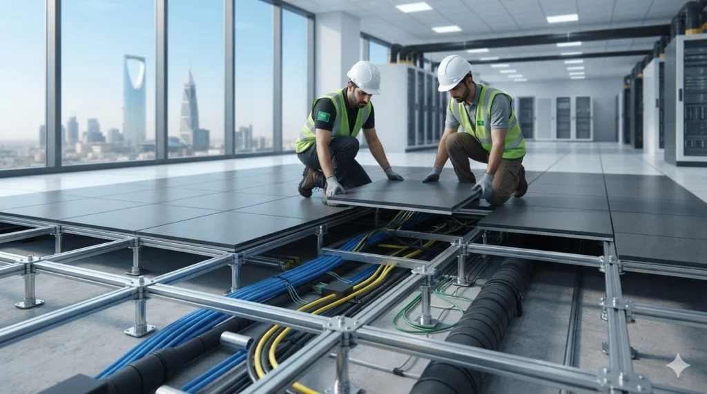 Raised access floor system showing removable panels, adjustable pedestals and underfloor services