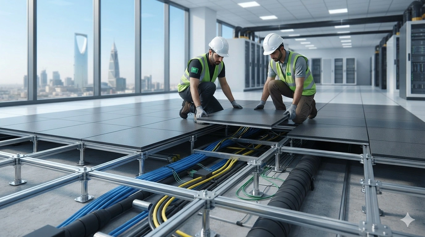 Raised access floor system showing removable panels, adjustable pedestals and underfloor services
