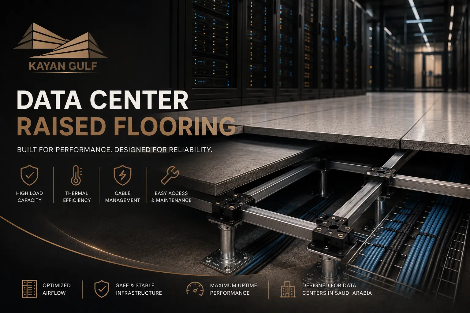 Data center raised flooring system with technical floor panels, server racks and underfloor infrastructure in Saudi Arabia