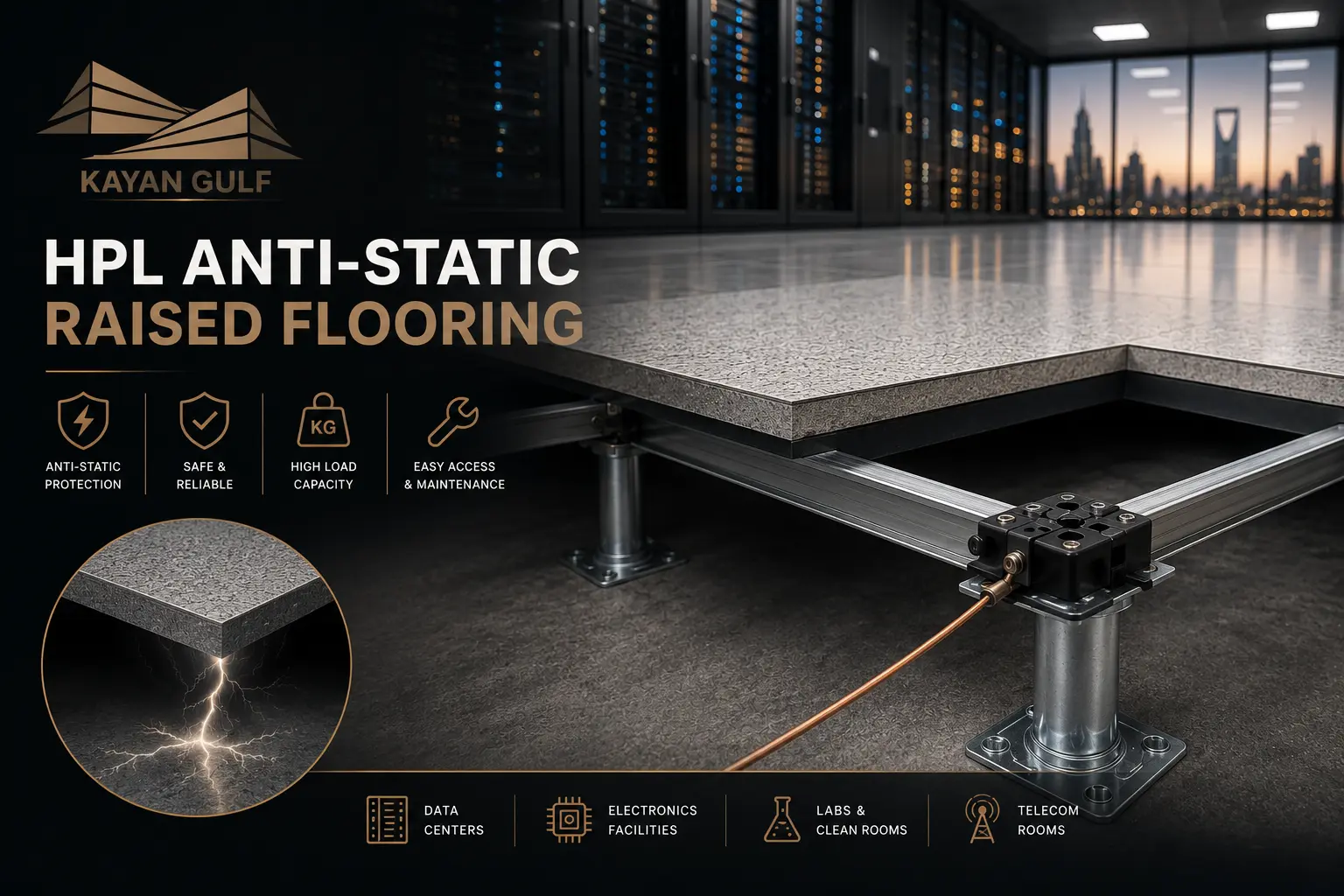 HPL anti-static raised flooring system for data centers and technical rooms in Saudi Arabia